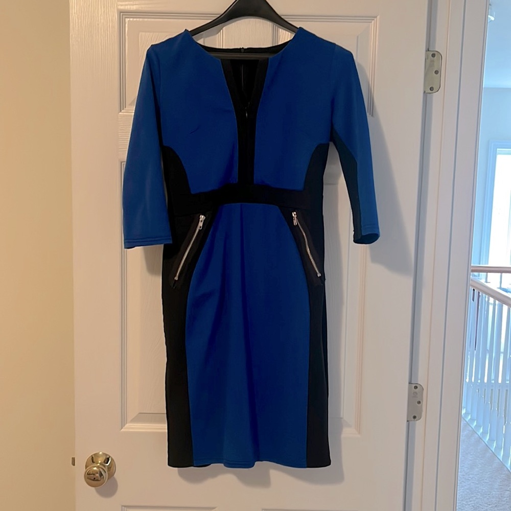 Blue and black color block dress. Perfect for work!